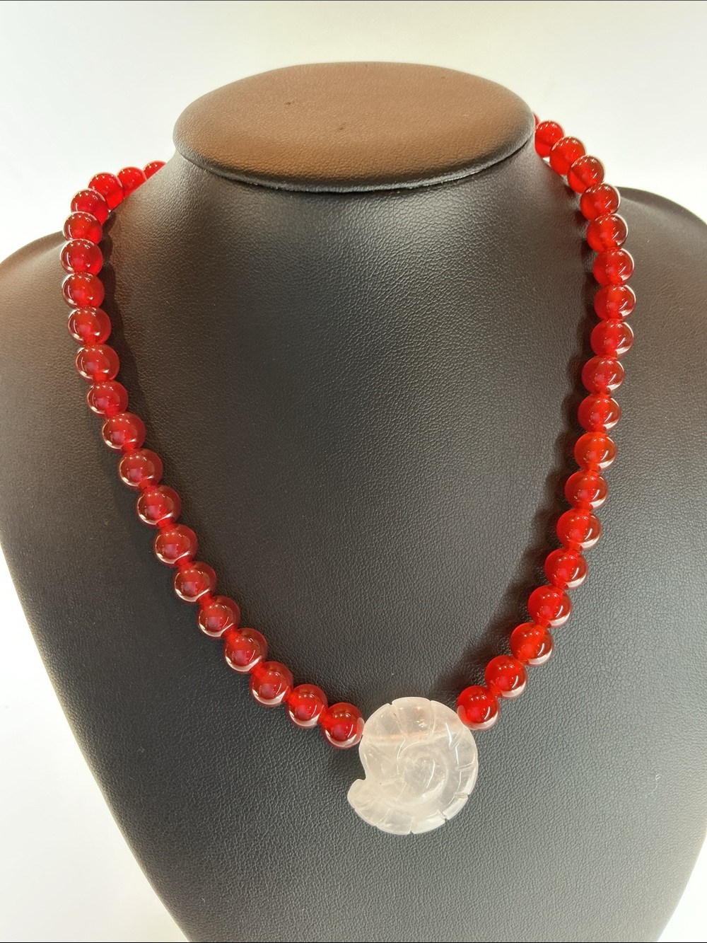 16” Mayamar Red Beaded Necklace with Carved White Pendant